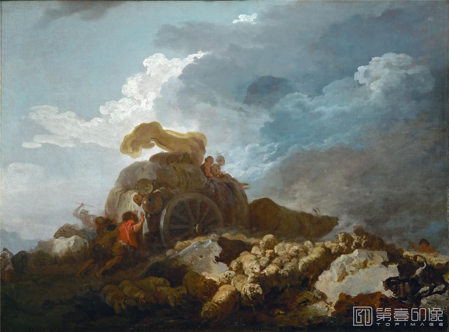 油画-卢浮宫-Fragonard, Jean-Honore-L’orage, dit aussi La charette embourbee-Thunderstorm