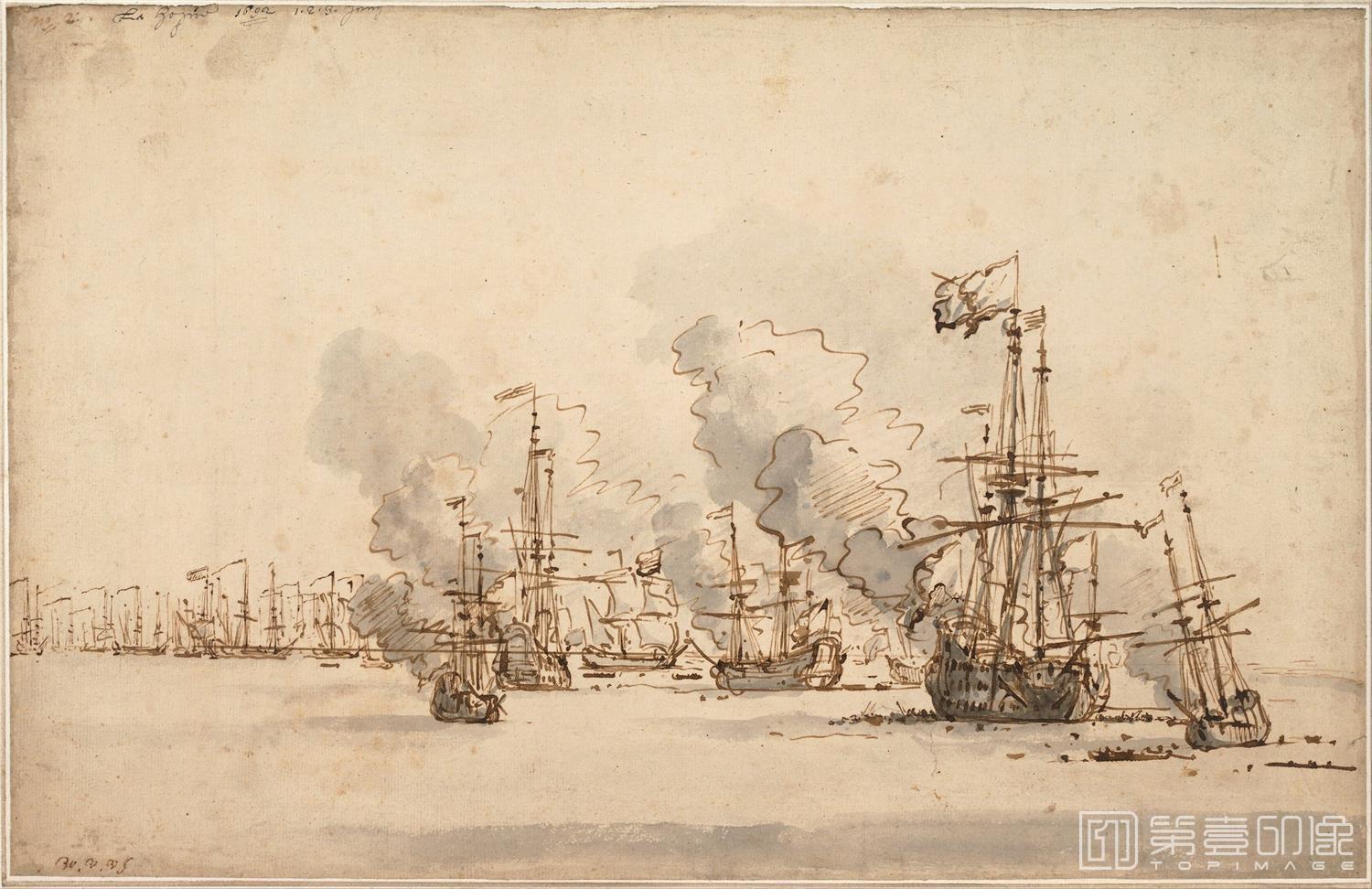油画-奥地利维也纳阿尔贝蒂娜博物馆-Willem van de Velde the Younger (1633–1707)-The Sea Battle at la