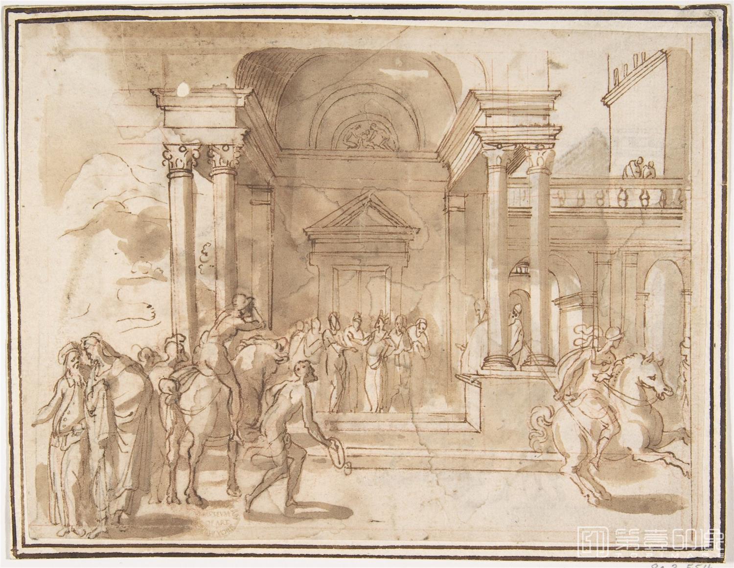 油画-美国纽约大都会美术馆-attributed to Francesco Allegrini-Unidentified Subject Figures before a P