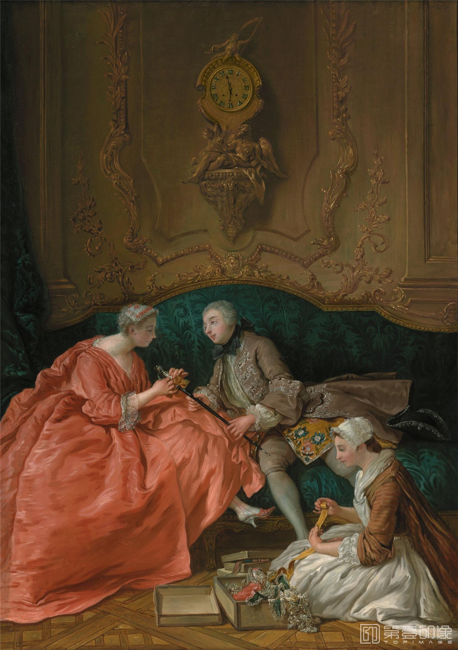 油画-美国阿特金森美术馆-Jean-Franois de Troy-A Lady Attaching a Bow to a Gentleman's Sword, ca