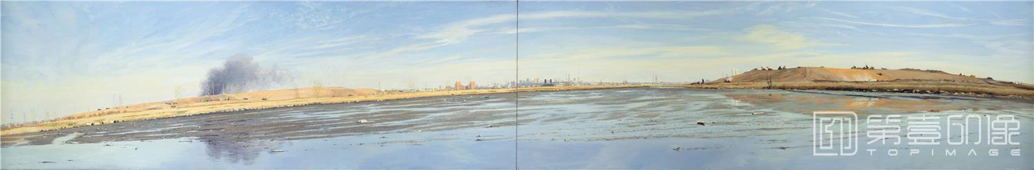 油画-美国阿特金森美术馆-Rackstraw Downes-Two Dumps in the Meadowlands April, Lowtide, A Grass F