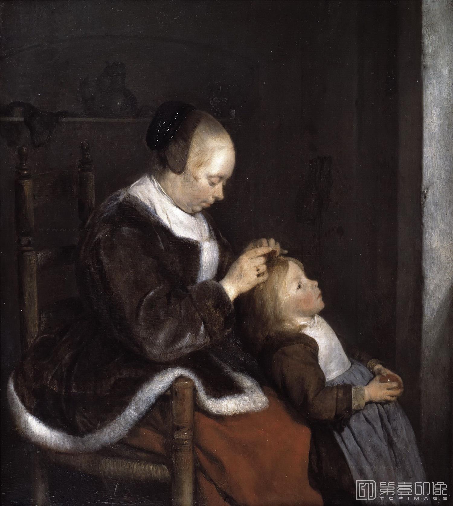 油画-荷兰莫瑞斯泰皇家美术馆-Gerard ter Borch-Mother Combing Her Child’s Hair