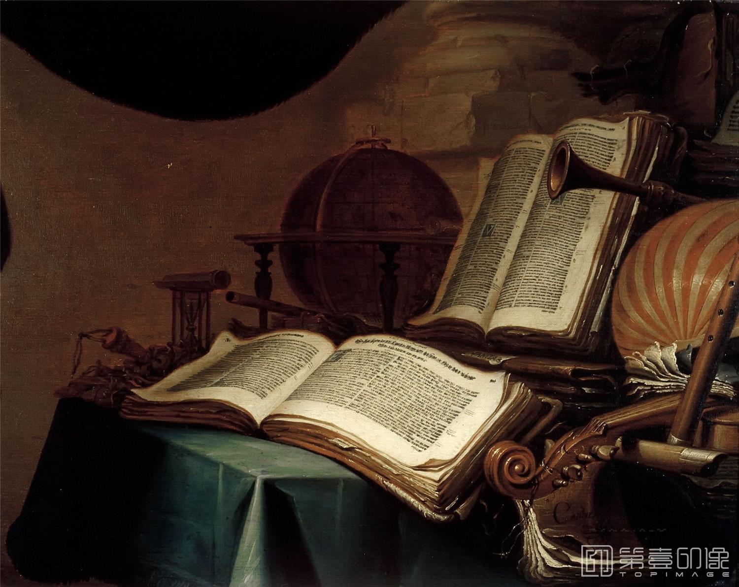 油画-荷兰莫瑞斯泰皇家美术馆-Jan Vermeulen-Still Life with Books, a Globe and Musical Instruments