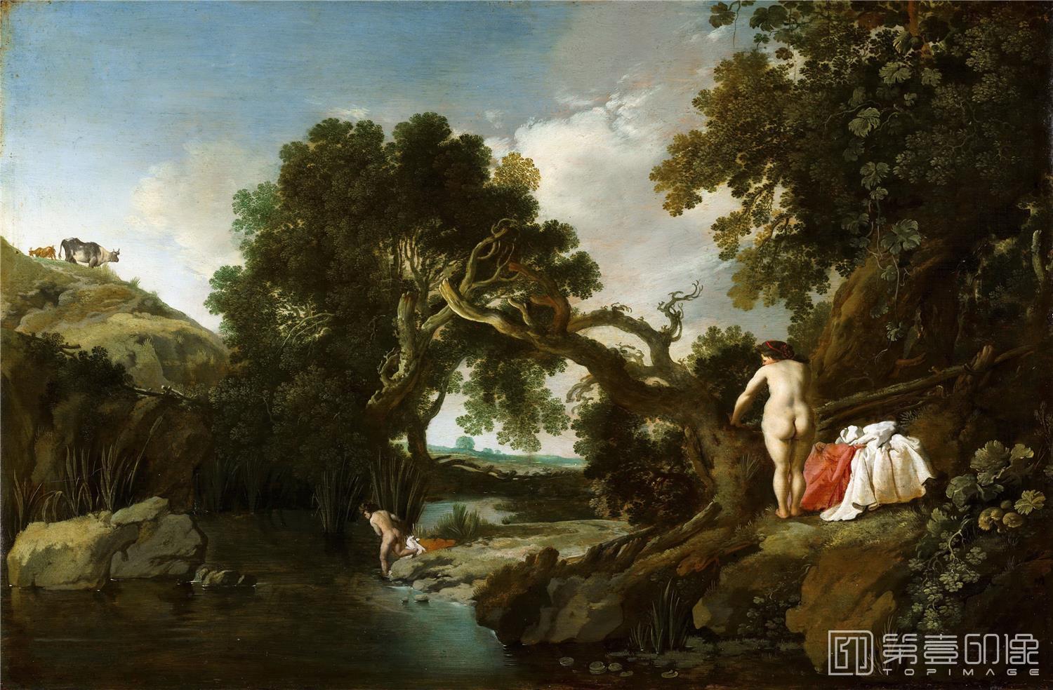 油画-荷兰莫瑞斯泰皇家美术馆-Moyses van Wtenbrouck-Wooded Pool with Salmacis and Hermaphroditus