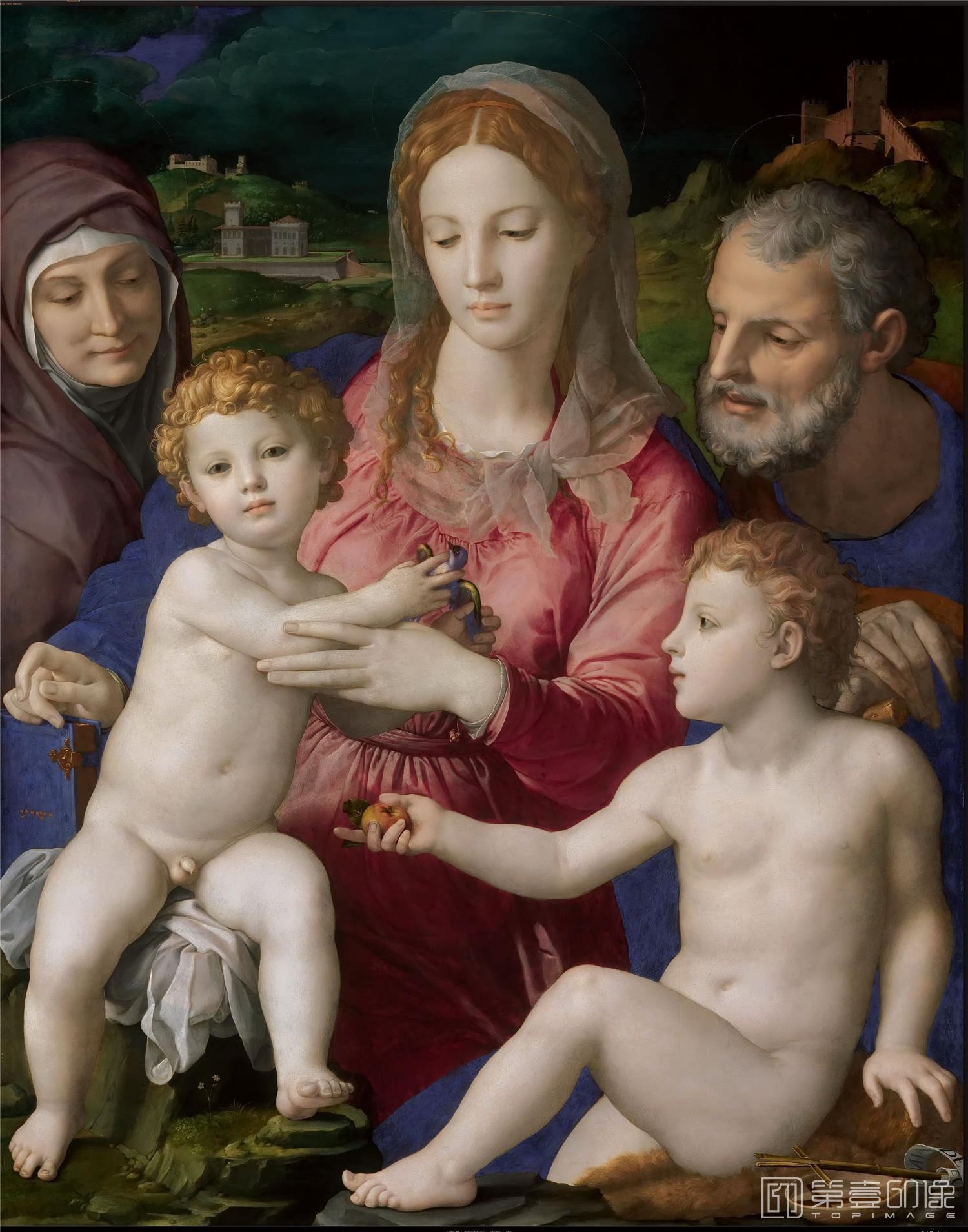 油画-奥地利维也纳艺术史博物馆-Agnolo Bronzino (1503-1572)-Holy Family with Saints Anne and John the
