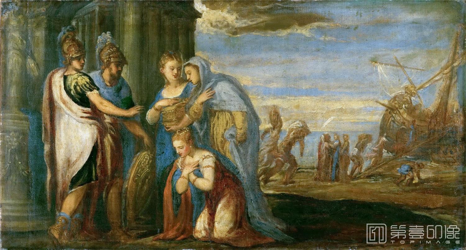 油画-奥地利维也纳艺术史博物馆-Andrea Schiavone (c. 1500-1563)-Aeneas Taking Leave of Dido