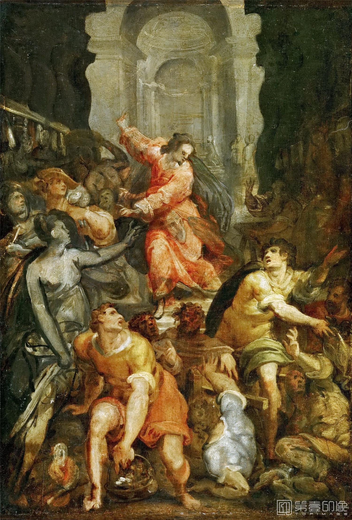 油画-奥地利维也纳艺术史博物馆-Attributed to Jacopo Zucchi-Expulsion of the Merchants from the Templ