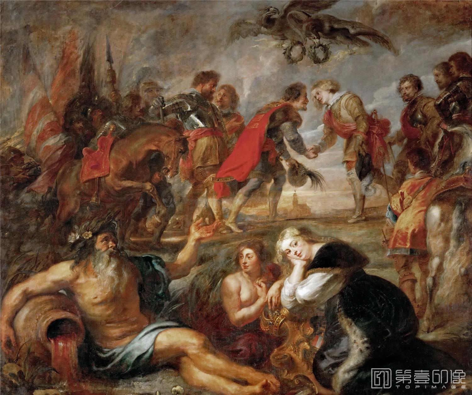 油画-奥地利维也纳艺术史博物馆-Peter Paul Rubens-Emperor Ferdinand III Meets Cardinal Infant