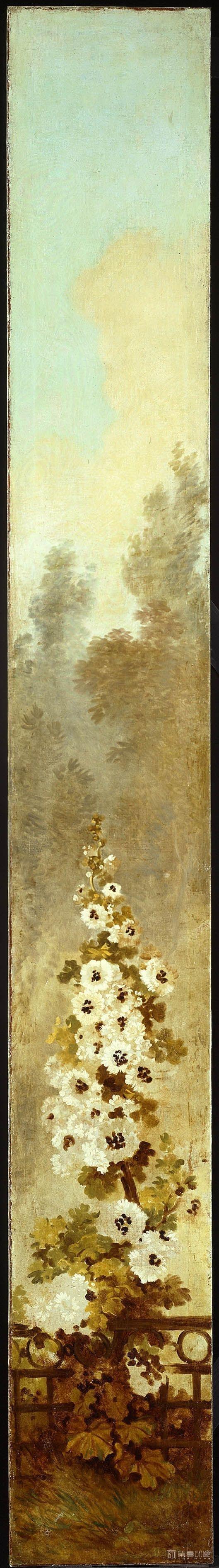 油画-美国弗里克美术馆-Jean-Honoré Fragonard-The Progress of Love Hollyhocks, 1790-1791 (1)