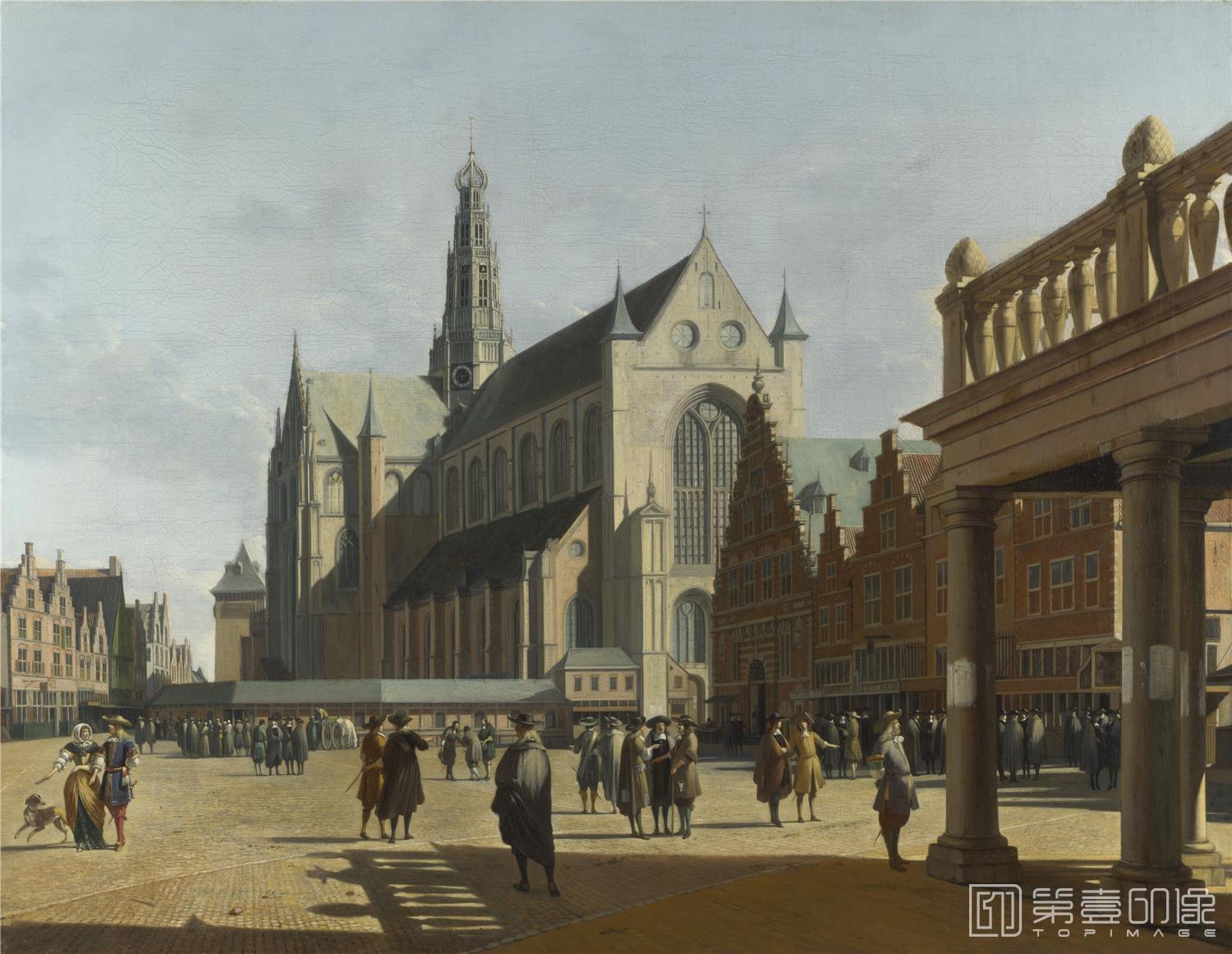 油画-大英博物馆-Gerrit Berckheyde-The Market Place and the Grote Kerk at Haarlem