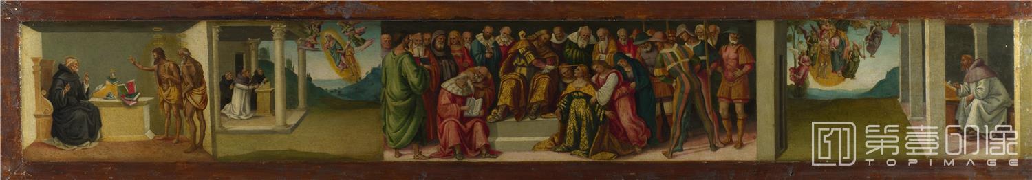 油画-大英博物馆-Luca Signorelli-Predella-Esther, and Life of Saint Jerome
