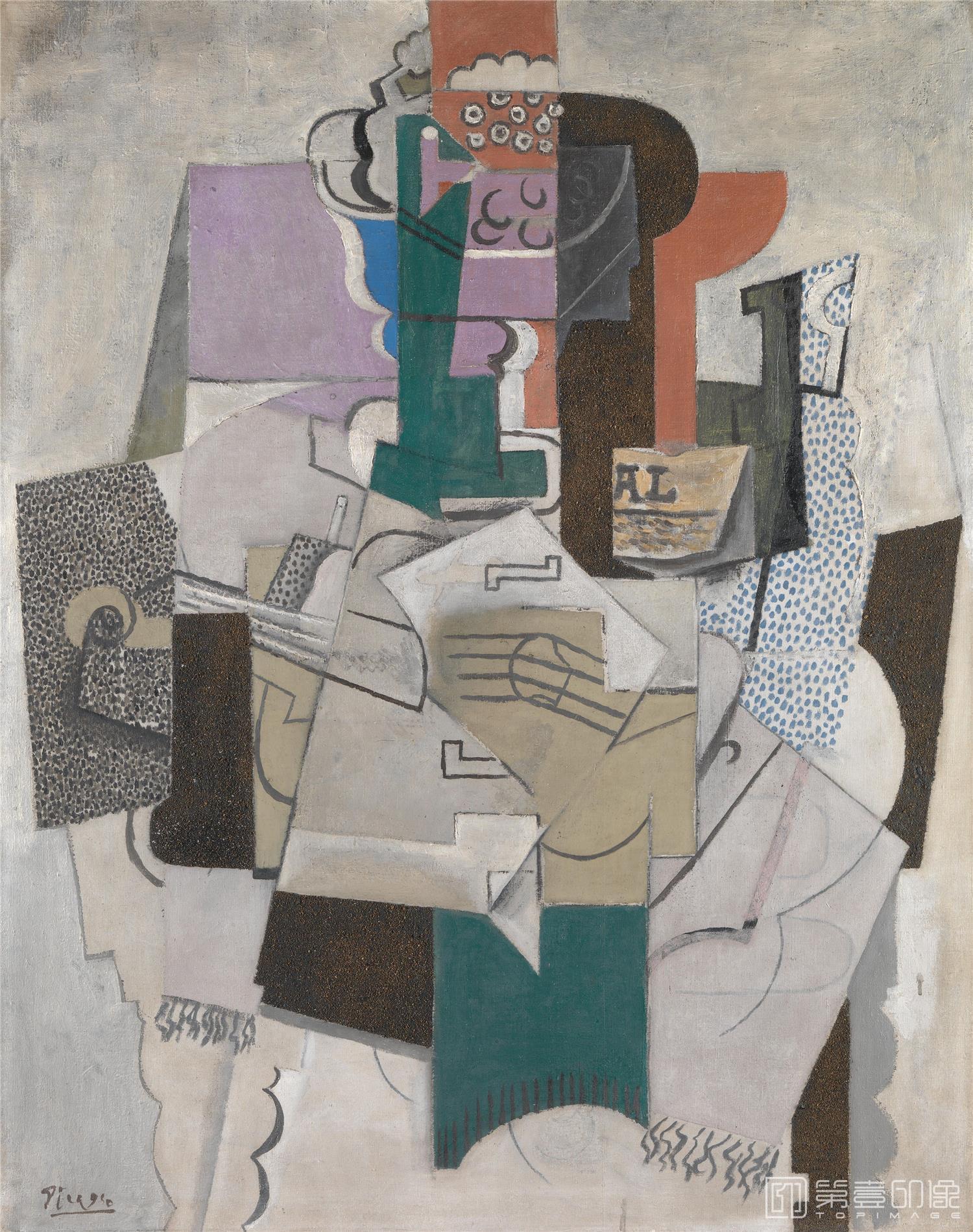 油画-大英博物馆-Pablo Picasso-Fruit Dish, Bottle and Violin