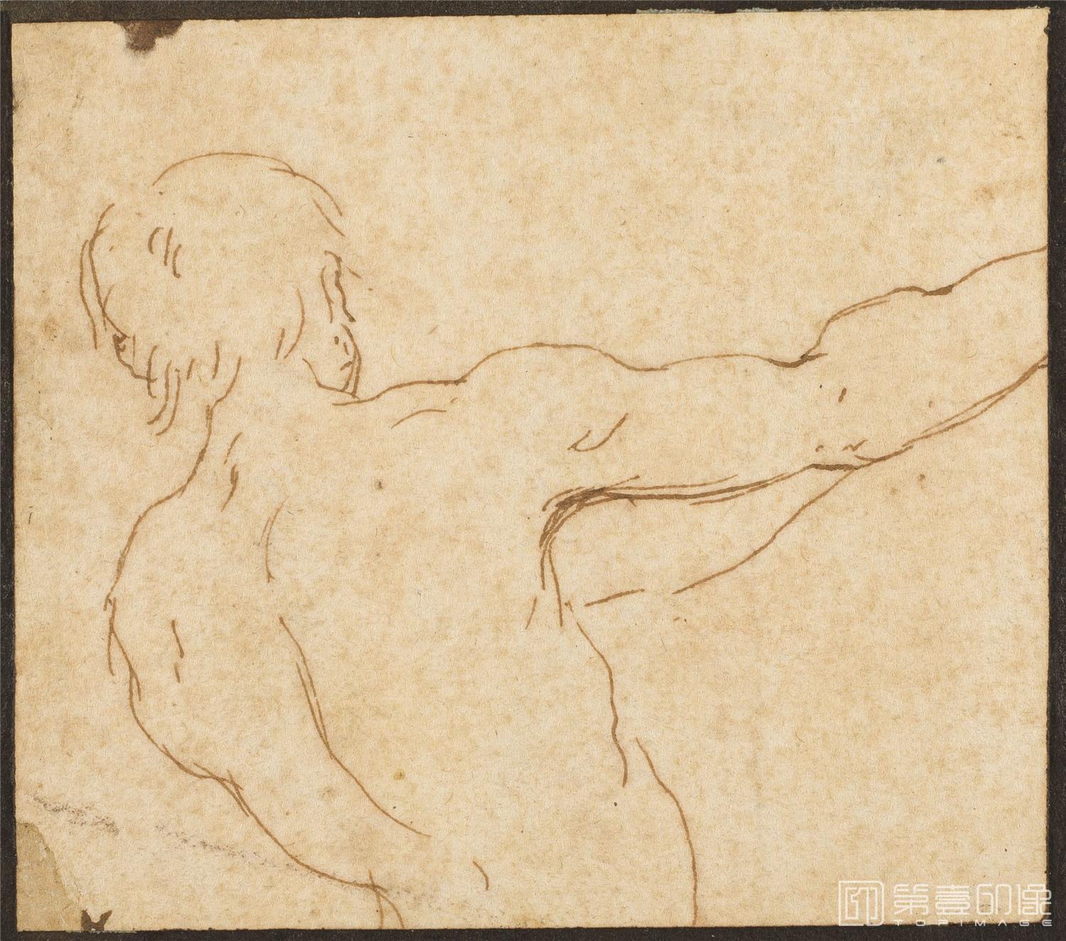 素描-西班牙普拉多美术馆素描藏画-Anonimo-Media figura de joven densudo de espaldas