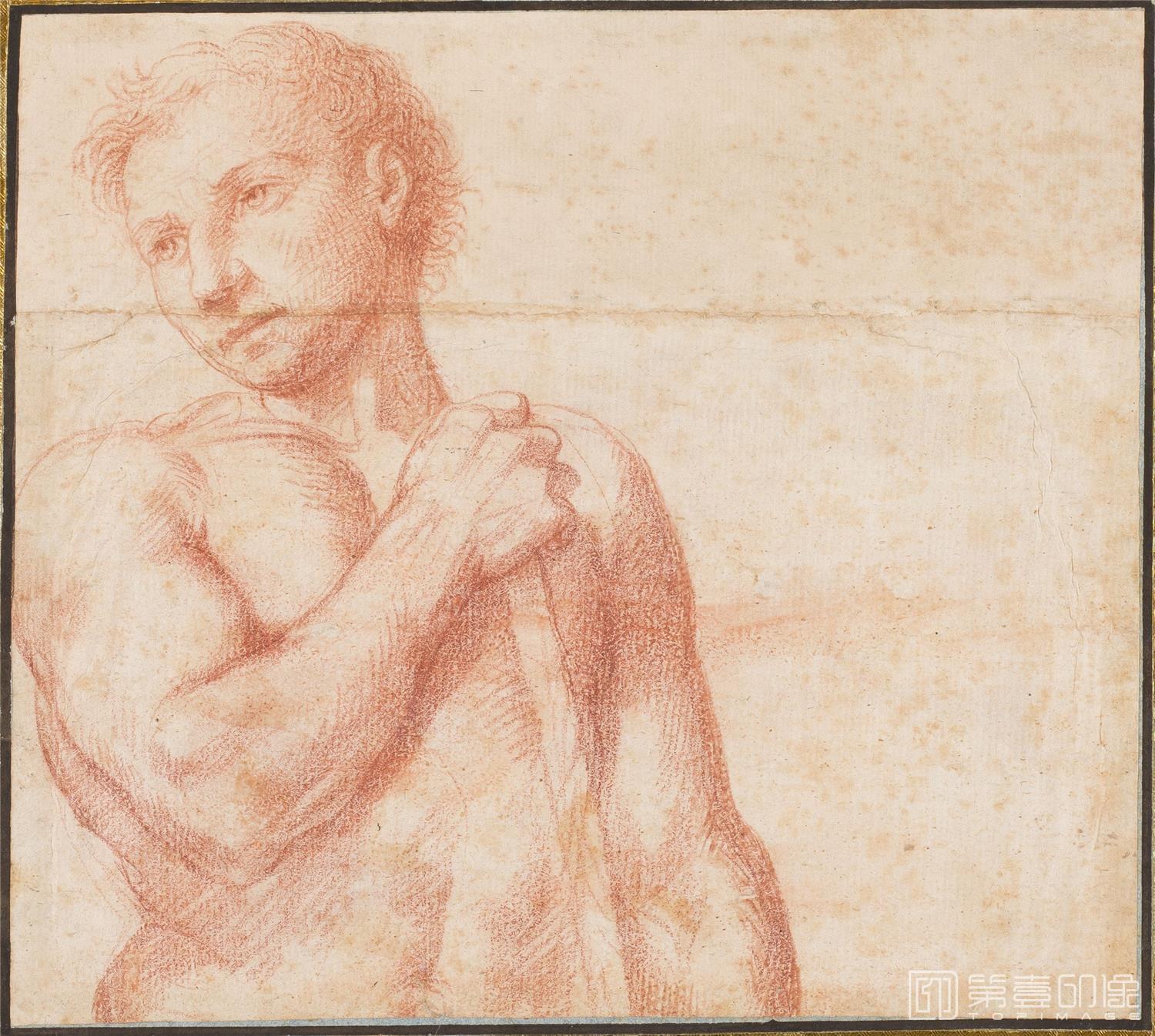 素描-西班牙普拉多美术馆素描藏画-Anonimo-Media figura masculina de frente