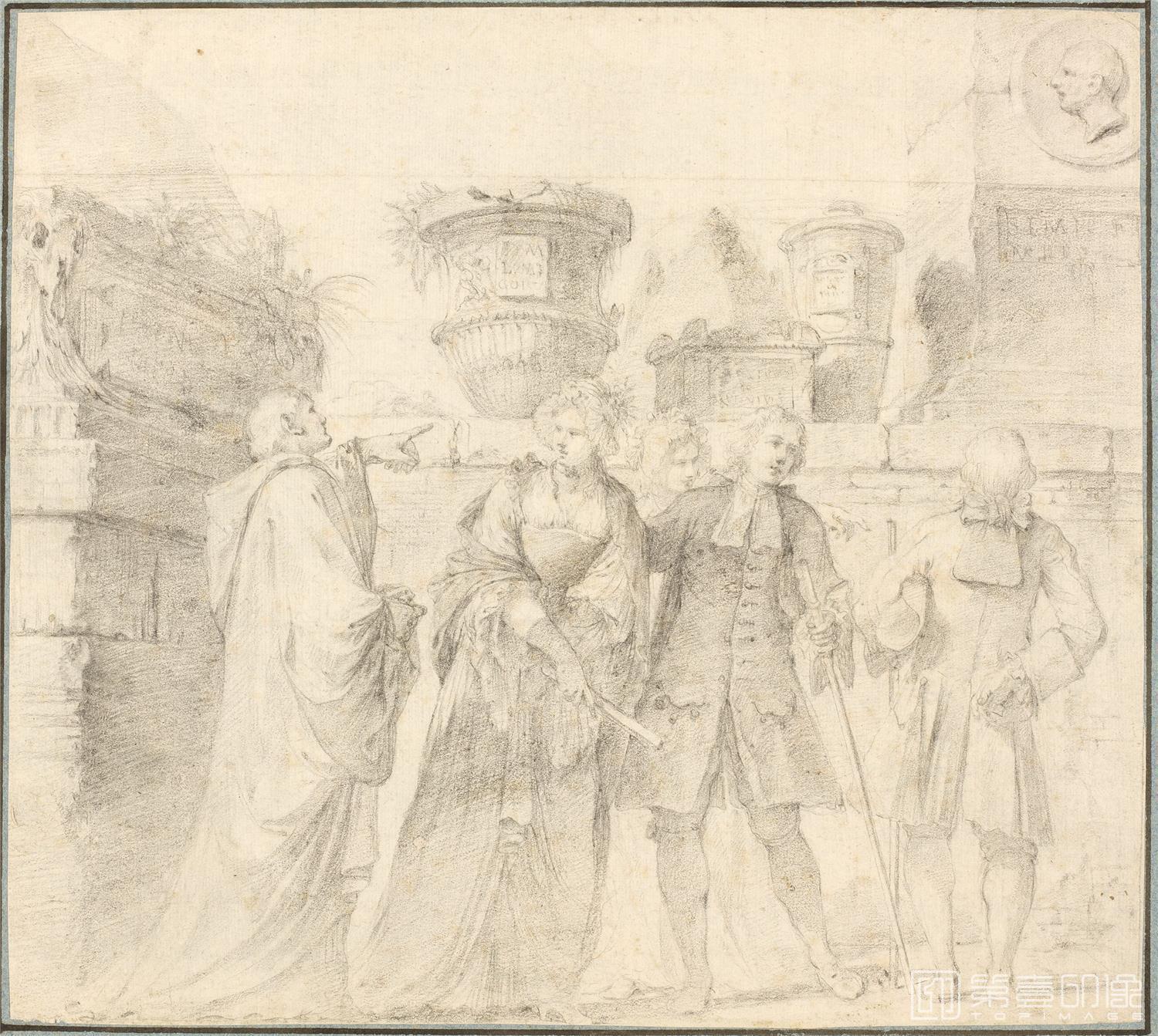 素描-西班牙普拉多美术馆素描藏画-Bianconi, Carlo-Grupo de damas y caballeros ante ruinas clasicas