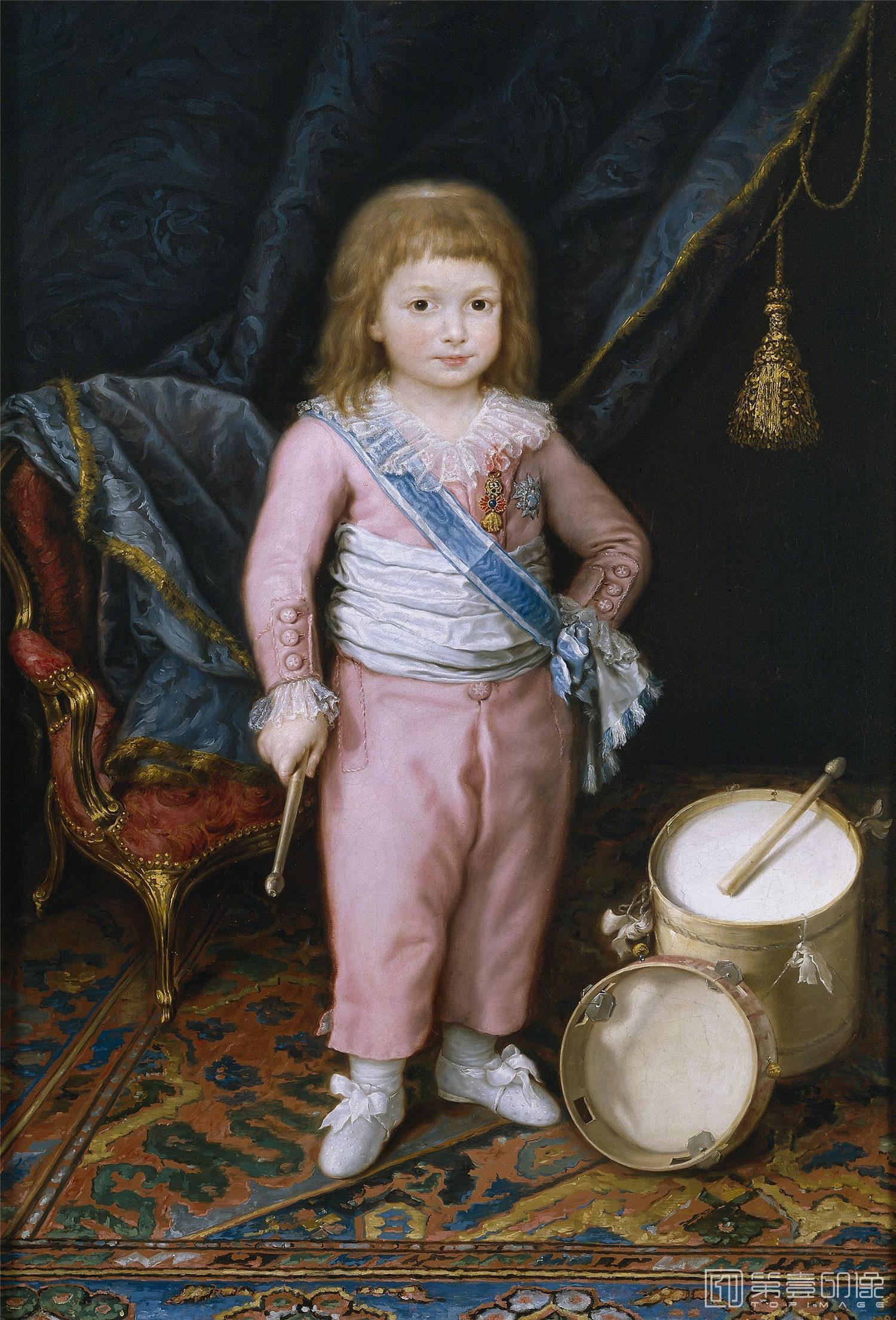 油画-西班牙普拉多美术馆-Carnicero, Antonio-n infante con tambor y pandereta-113 cm x 77 cm