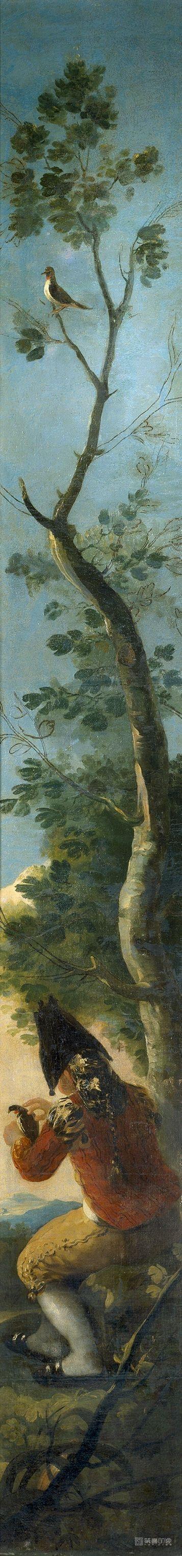 油画-西班牙普拉多美术馆-Goya y Lucientes, Francisco de-El muchacho del pájaro-262 cm x 40 cm