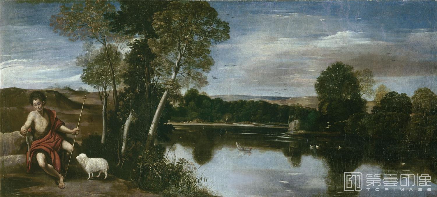 油画-西班牙普拉多美术馆-Maíno, Fray Juan Bautista-Paisaje con San Juan Bautista-74 cm x 163 cm
