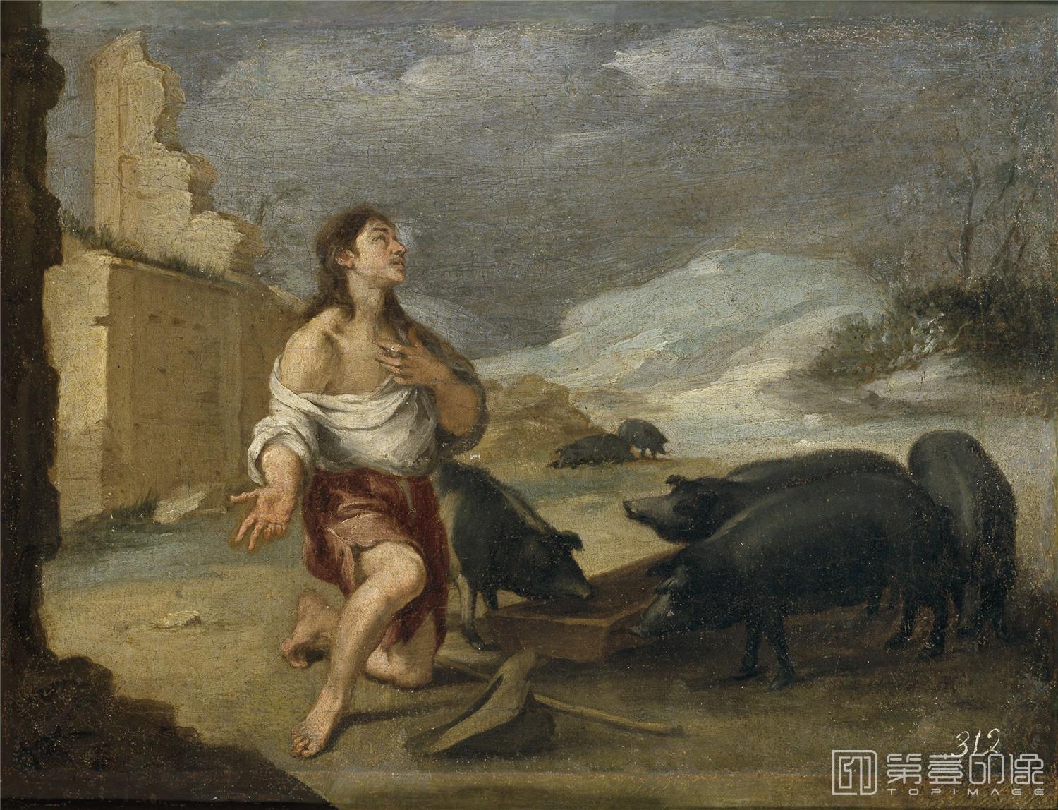 油画-西班牙普拉多美术馆-Murillo, Bartolomé Esteban-El hijo pródigo abandonado-27 cm x 34 cm