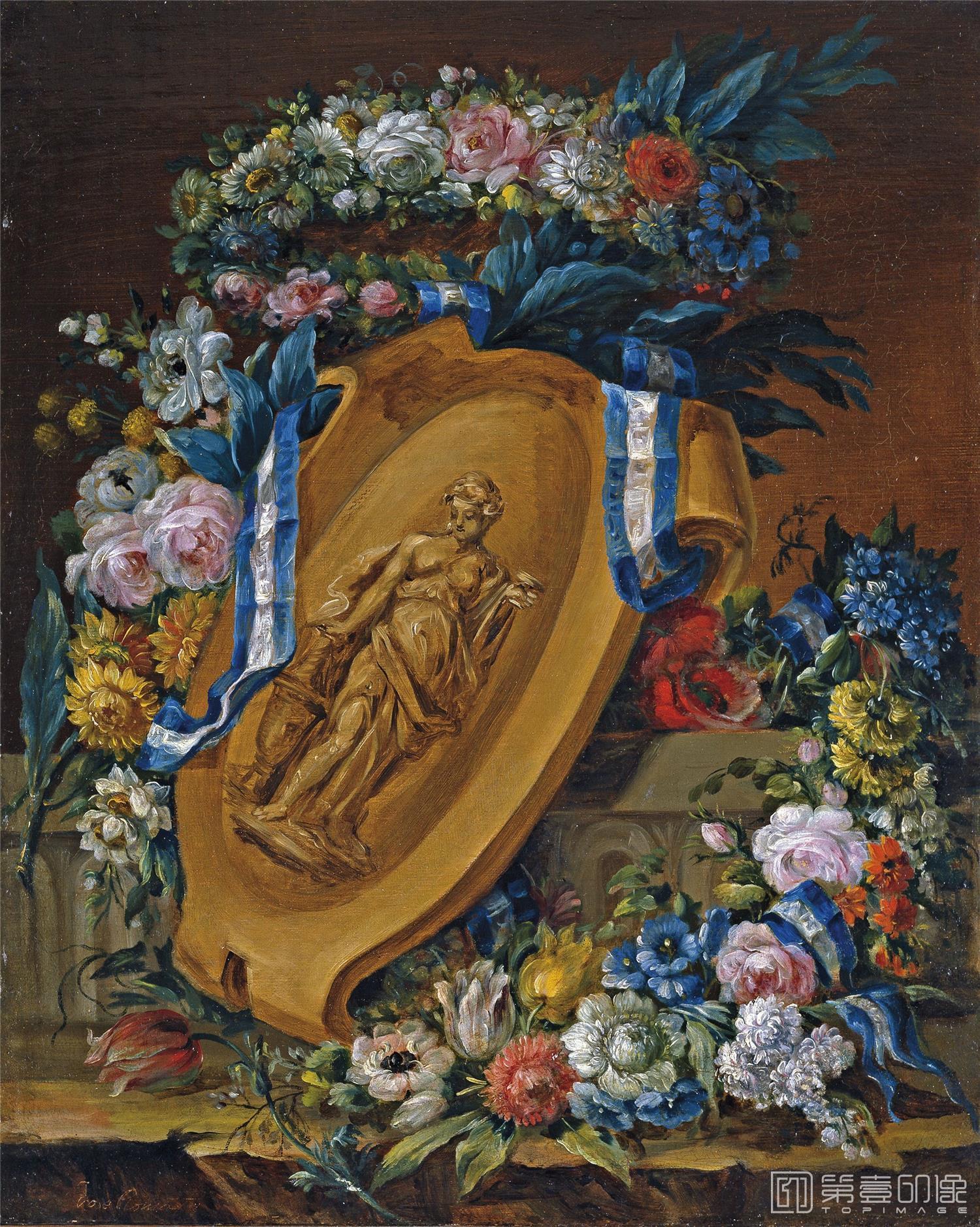 油画-西班牙普拉多美术馆-Romá, José-Guirnalda de flores con motivo escultórico-56 cm x 46 cm
