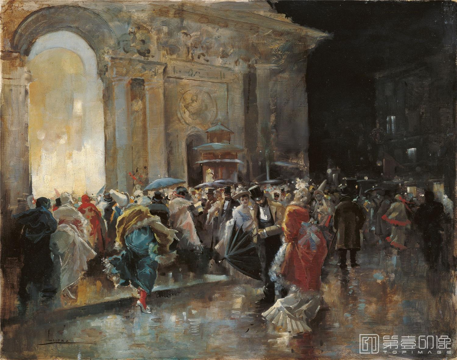 油画-西班牙喀门蒂森美术馆-Eugenio Lucas Villaamil Arriving at the Theatre on a Night of a Masqued B