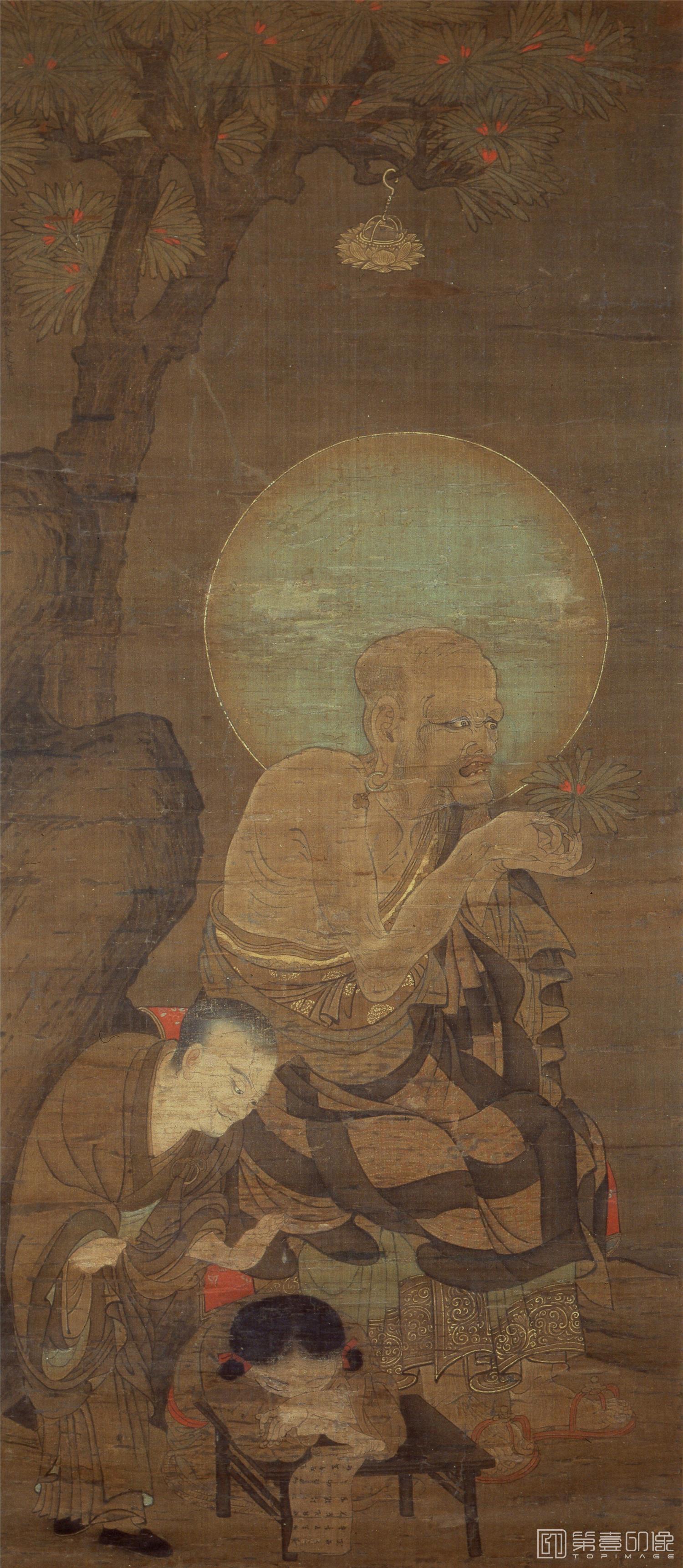 手绘-十六罗汉图 (存十幅-P1.第一尊者.宾度罗跋啰惰阇尊者.南宋时代.金大受绘.绢本着色