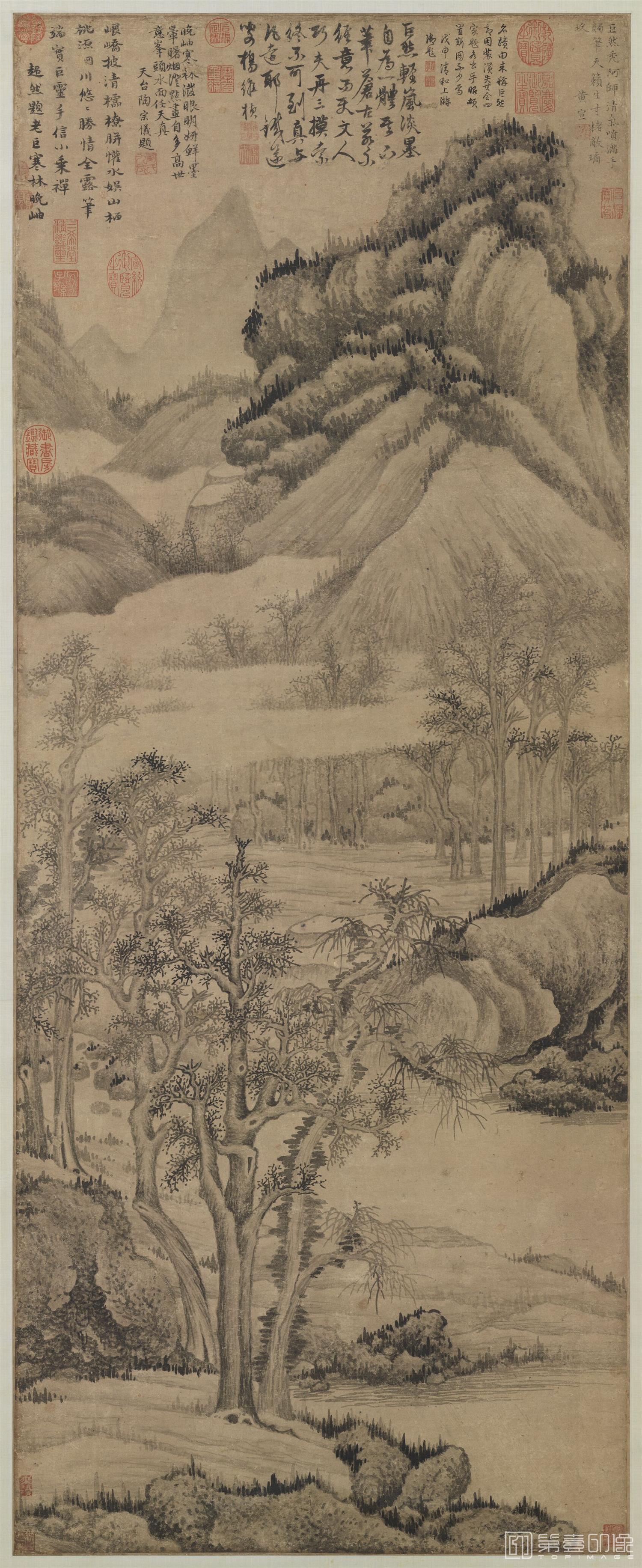 手绘-寒林晚岫图轴 139.7x55.8