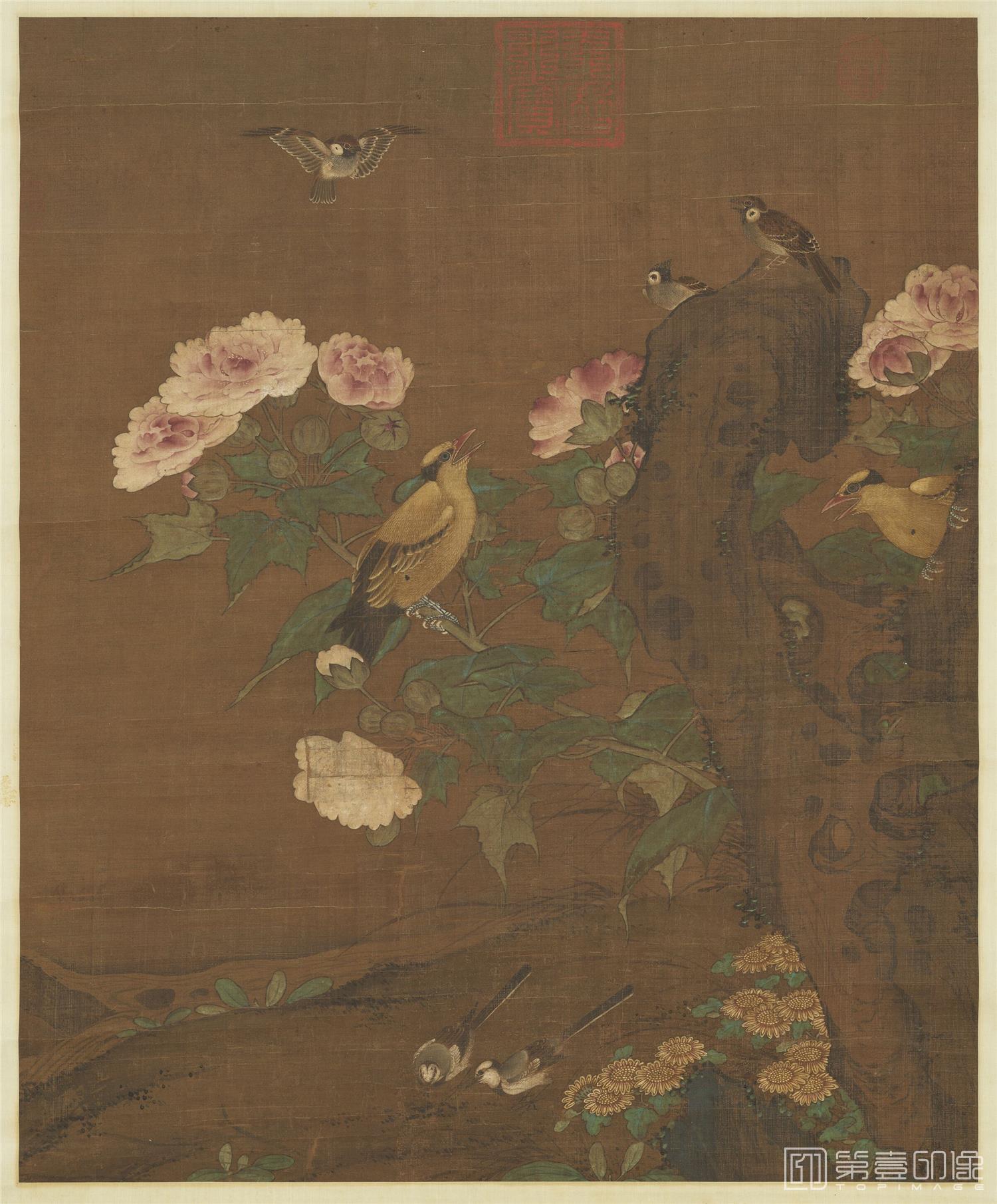 水彩画-徐熙 五代南唐蓉雀轴 75.8x62.2