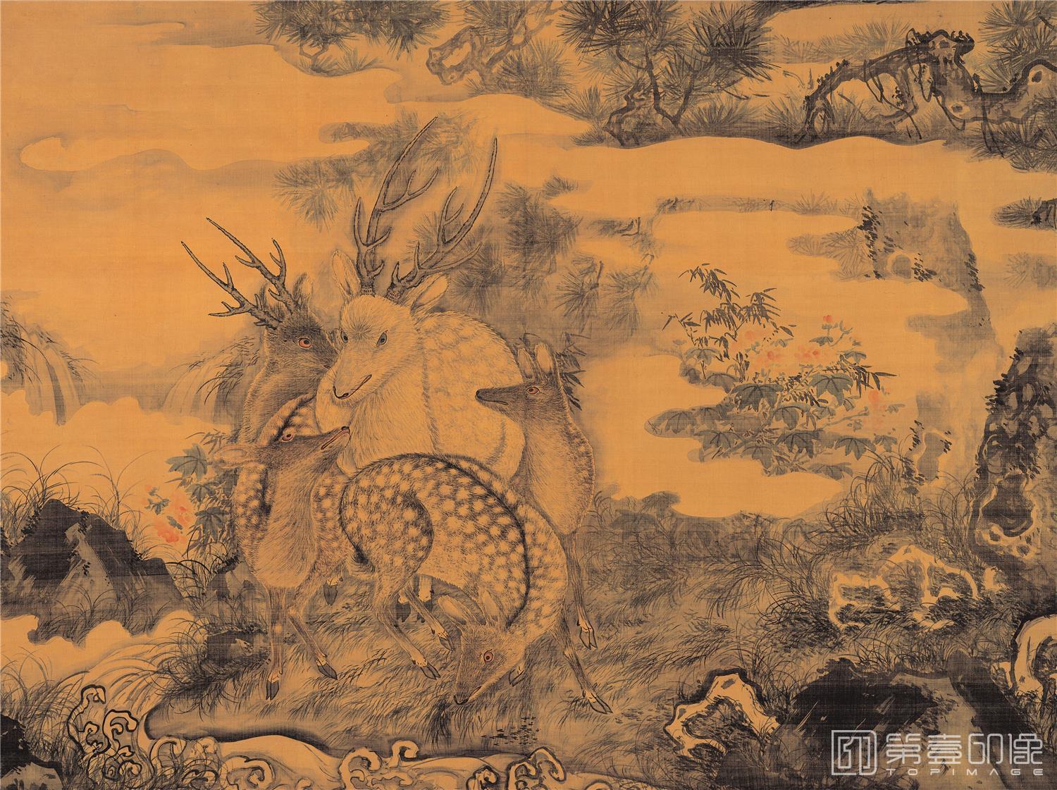 水彩画-长松五鹿图142.5x72.4