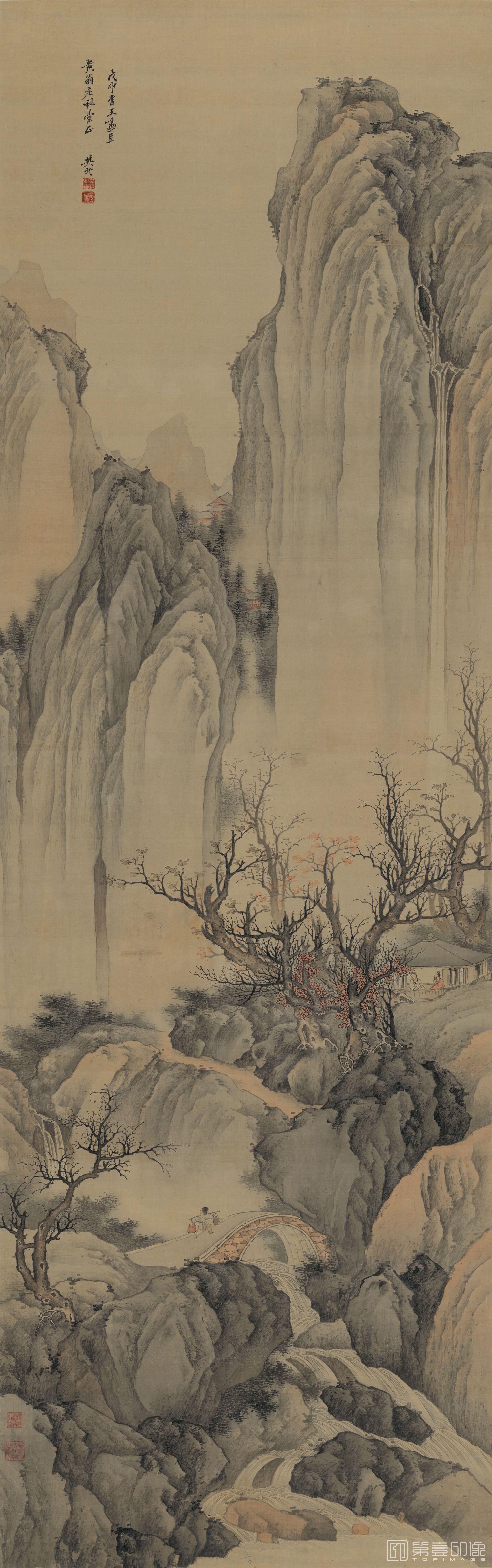 国画-秋山听瀑图 181X57