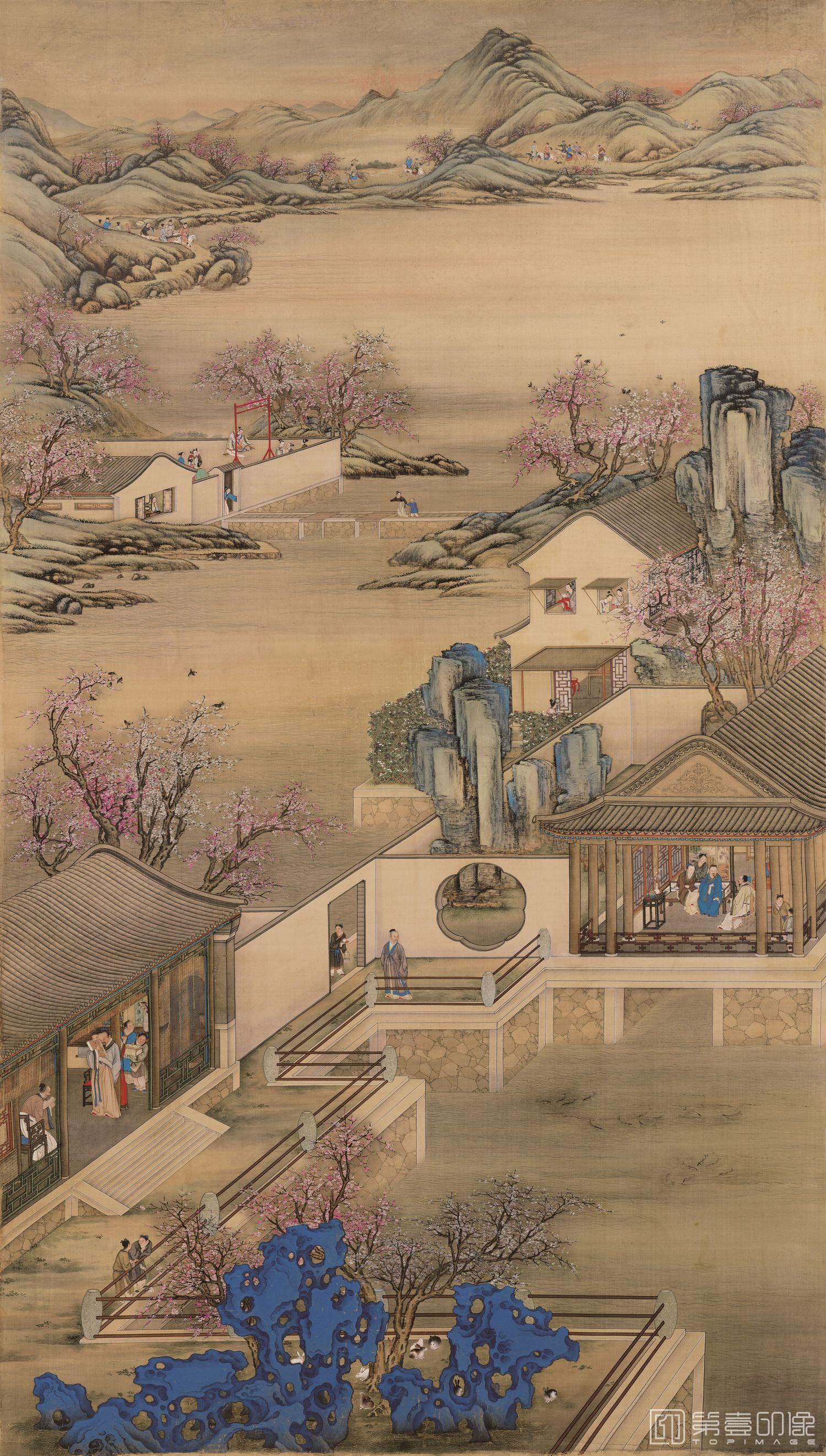 国画-雍正十二月行乐图轴之三月赏桃 188.2x102.2