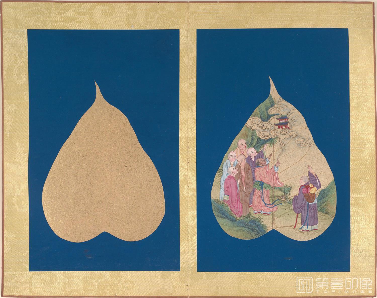 水彩画-菩提叶画十八罗汉图.册页.清代绘-010