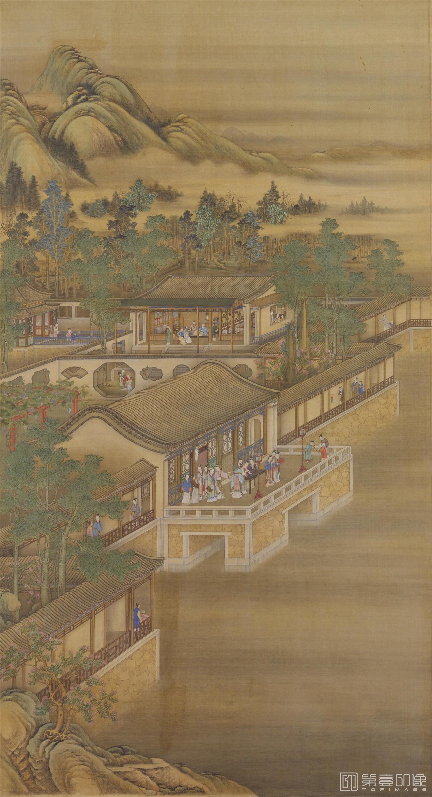 水粉画-雍正十二月行乐图轴.07.七月乞巧