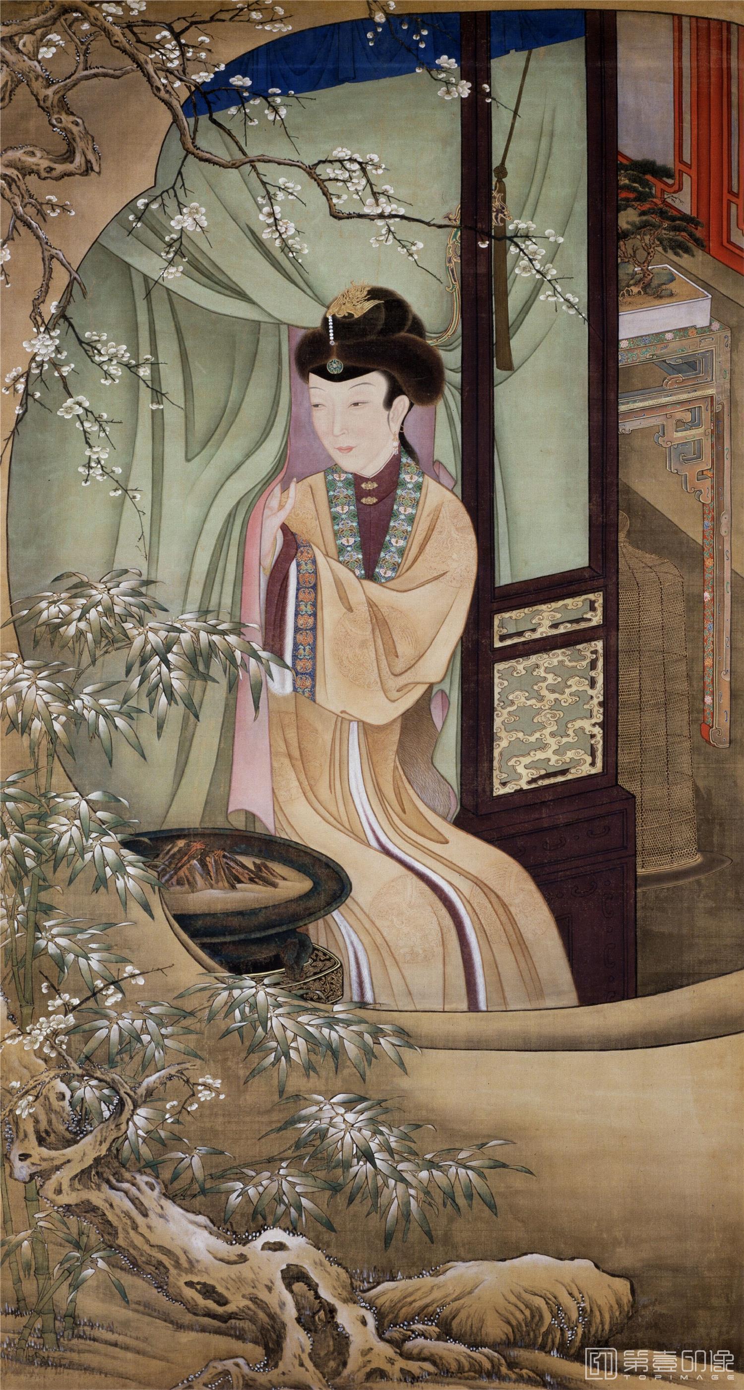 水彩画-雍正十二美人图 胤禛美人图-MRT-2烘炉观雪