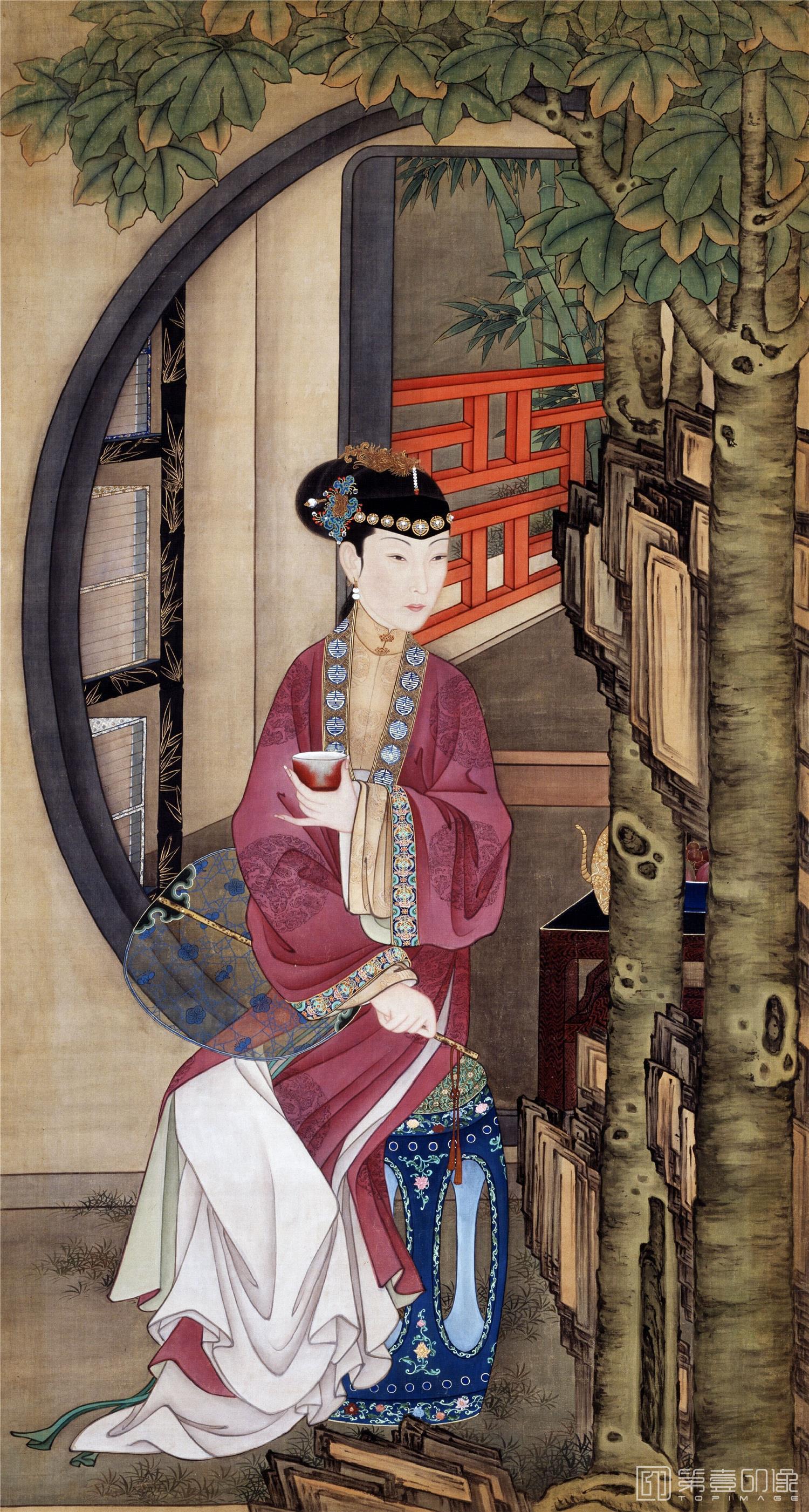 水彩画-雍正十二美人图 胤禛美人图-MRT-7桐荫品茗