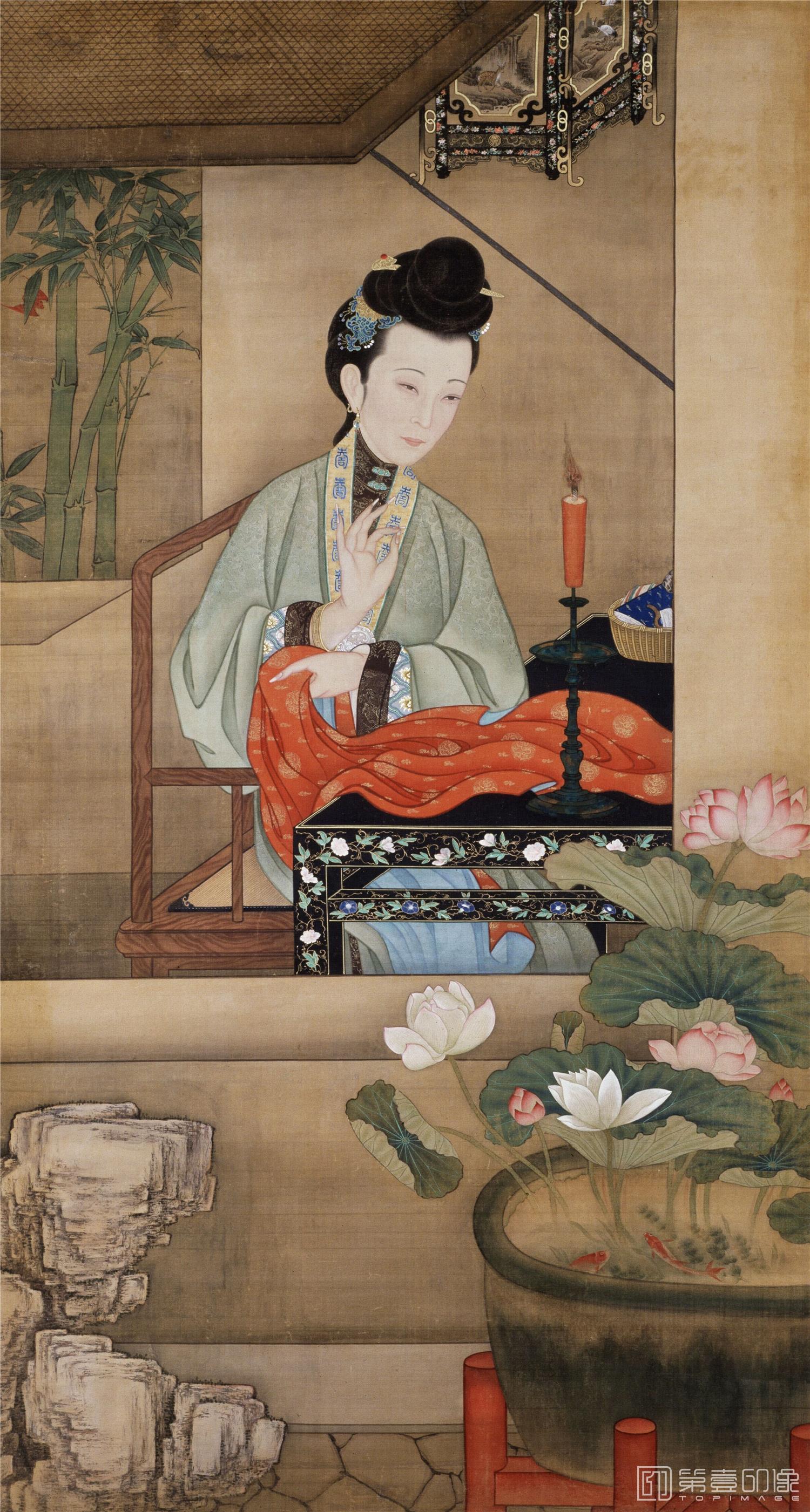 水彩画-雍正十二美人图 胤禛美人图-MRT-8烛下缝衣