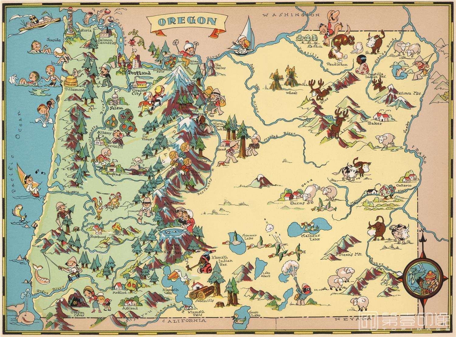 地图-古地图-美国50个州地图-1935年出版俄勒冈州地图
