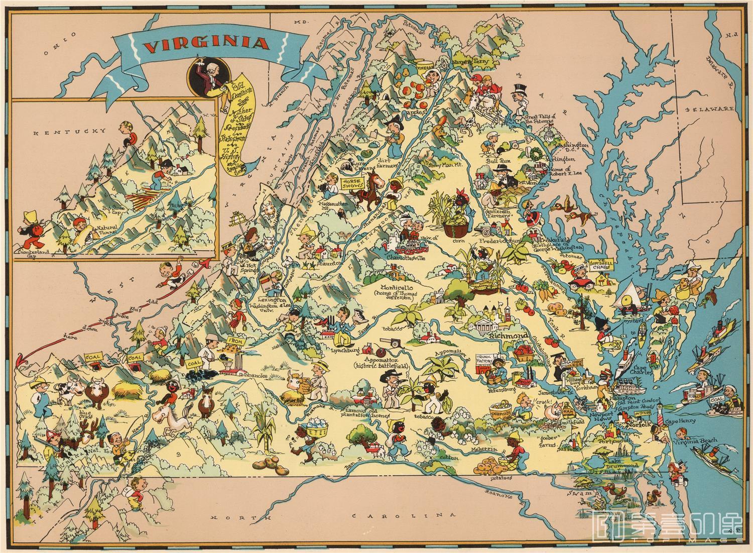 地图-古地图-美国50个州地图-1935年出版弗吉尼亚州地图