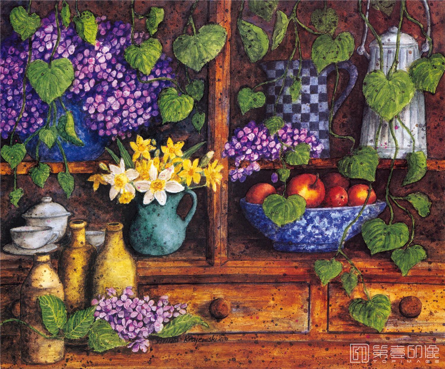水彩画-精品装饰画高清图集-纯蓝乡村4-028